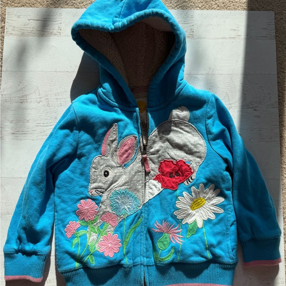Mini Boden Bright Blue Hooded Bunny Appliqué Zip Sweatshirt